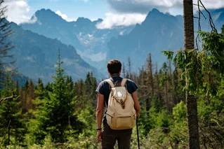 man hiking in woods