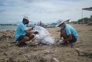 people cleaning up beach